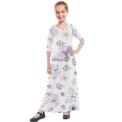 Butterflies Cute Flower Pastel Pattern Kids  Quarter Sleeve Maxi Dress by Loisa77