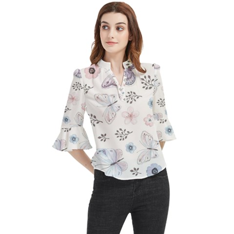 Butterflies Cute Flower Pastel Pattern Loose Horn Sleeve Chiffon Blouse by Loisa77