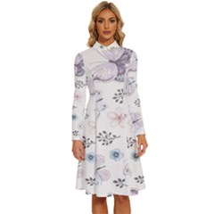 Butterflies Cute Flower Pastel Pattern Long Sleeve Shirt Collar A-line Dress by Loisa77