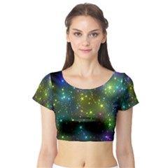 Stars Coloured Lights Background Short Sleeve Crop Top by Loisa77