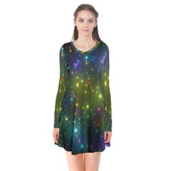 Stars Coloured Lights Background Long Sleeve V-neck Flare Dress