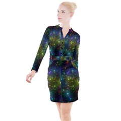 Stars Coloured Lights Background Button Long Sleeve Dress by Loisa77