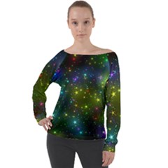 Stars Coloured Lights Background Off Shoulder Long Sleeve Velour Top by Loisa77