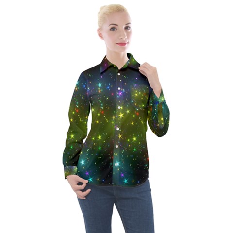 Stars Coloured Lights Background Women s Long Sleeve Pocket Shirt by Loisa77