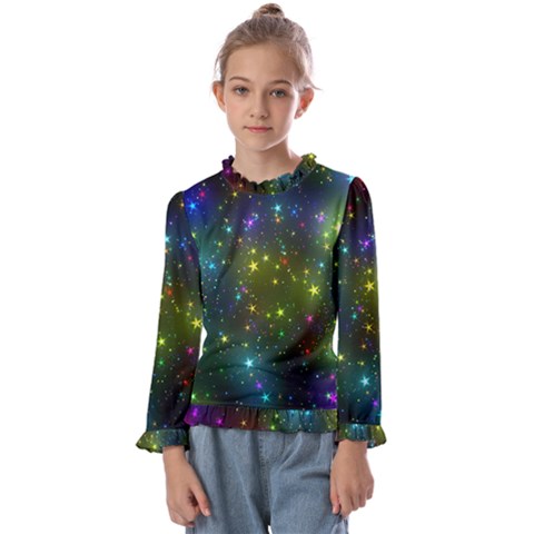 Stars Coloured Lights Background Kids  Frill Detail T-shirt by Loisa77