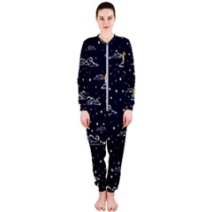 Hand Drawn Scratch Style Night-sky-with-moon-cloud Space Among-stars-seamless Pattern Vector Design Onepiece Jumpsuit (ladies)