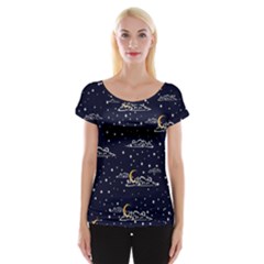 Hand Drawn Scratch Style Night-sky-with-moon-cloud Space Among-stars-seamless Pattern Vector Design Cap Sleeve Top by Ket1n9