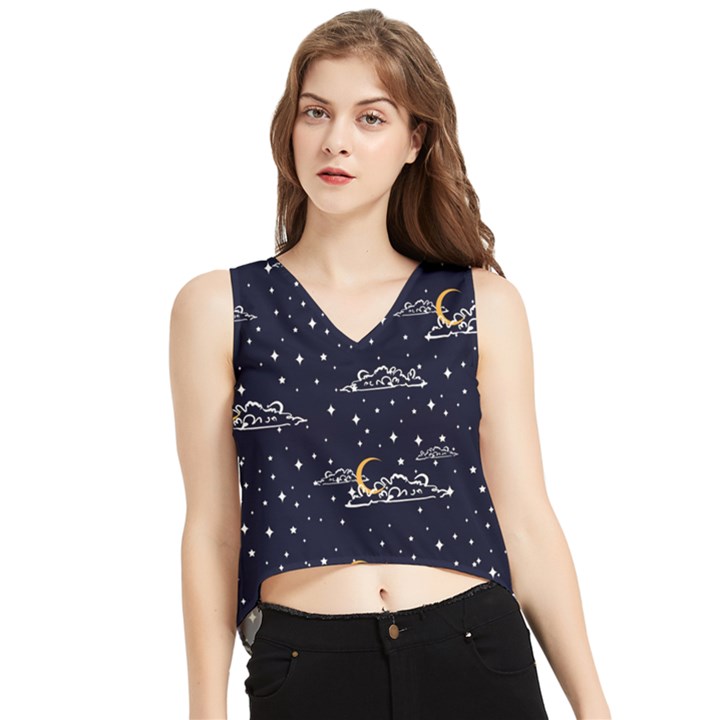 Hand Drawn Scratch Style Night-sky-with-moon-cloud Space Among-stars-seamless Pattern Vector Design V-Neck Cropped Tank Top