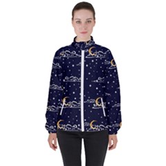 Hand Drawn Scratch Style Night-sky-with-moon-cloud Space Among-stars-seamless Pattern Vector Design Women s High Neck Windbreaker by Ket1n9