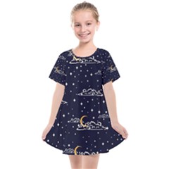 Hand Drawn Scratch Style Night-sky-with-moon-cloud Space Among-stars-seamless Pattern Vector Design Kids  Smock Dress by Ket1n9