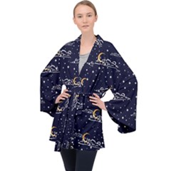 Hand Drawn Scratch Style Night-sky-with-moon-cloud Space Among-stars-seamless Pattern Vector Design Long Sleeve Velvet Kimono  by Ket1n9