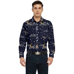 Hand Drawn Scratch Style Night-sky-with-moon-cloud Space Among-stars-seamless Pattern Vector Design Men s Long Sleeve Pocket Shirt  by Ket1n9