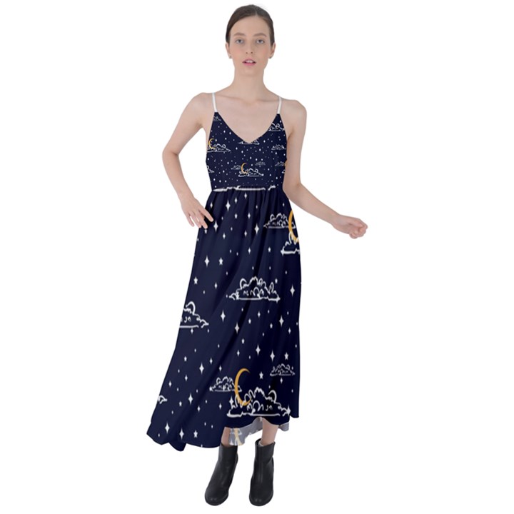 Hand Drawn Scratch Style Night-sky-with-moon-cloud Space Among-stars-seamless Pattern Vector Design Tie Back Maxi Dress