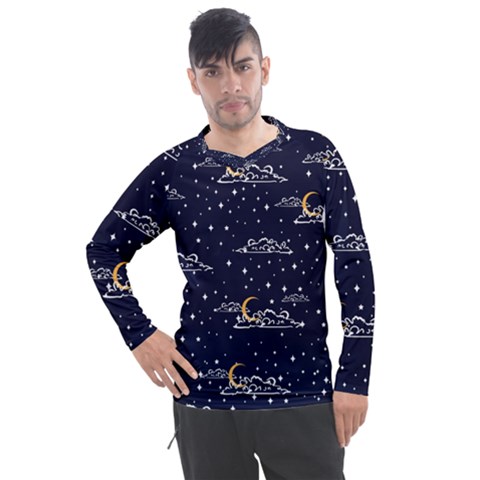 Hand Drawn Scratch Style Night-sky-with-moon-cloud Space Among-stars-seamless Pattern Vector Design Men s Pique Long Sleeve T-shirt by Ket1n9