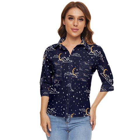 Hand Drawn Scratch Style Night-sky-with-moon-cloud Space Among-stars-seamless Pattern Vector Design Women s Quarter Sleeve Pocket Shirt by Ket1n9