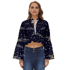 Hand Drawn Scratch Style Night-sky-with-moon-cloud Space Among-stars-seamless Pattern Vector Design Boho Long Bell Sleeve Top