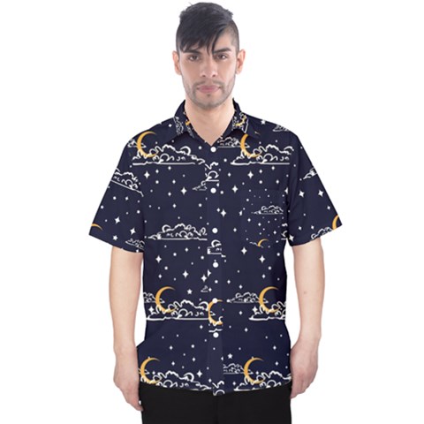 Hand Drawn Scratch Style Night-sky-with-moon-cloud Space Among-stars-seamless Pattern Vector Design Men s Hawaii Shirt by Ket1n9