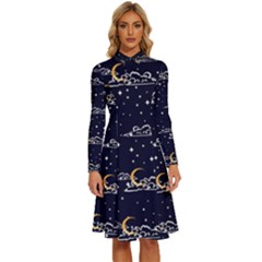 Hand Drawn Scratch Style Night-sky-with-moon-cloud Space Among-stars-seamless Pattern Vector Design Long Sleeve Shirt Collar A-line Dress by Ket1n9