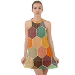 Hexagonal Pattern Vector Halter Tie Back Chiffon Dress