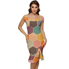 Hexagonal Pattern Vector Off Shoulder Ruffle Split Hem Bodycon Dress by Loisa77