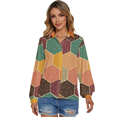 Hexagonal Pattern Vector Women s Long Sleeve Button Up Shirt by Loisa77