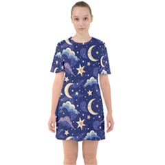 Night Moon Seamless Sixties Short Sleeve Mini Dress by Loisa77