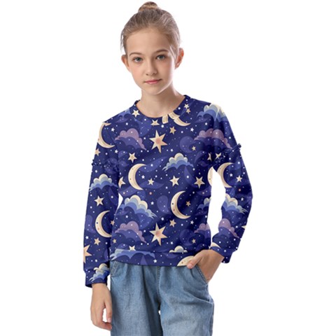 Night Moon Seamless Kids  Long Sleeve T-shirt With Frill  by Loisa77