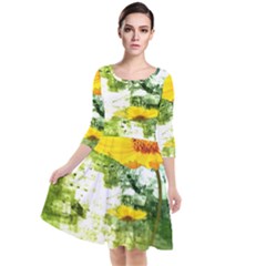 Yellow Flowers Quarter Sleeve Waist Band Dress by Ket1n9