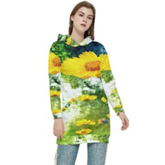 Yellow Flowers Women s Long Oversized Pullover Hoodie