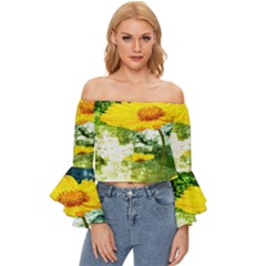 Yellow Flowers Off Shoulder Flutter Bell Sleeve Top