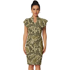 Yellow Snake Skin Pattern Vintage Frill Sleeve V-neck Bodycon Dress by Ket1n9