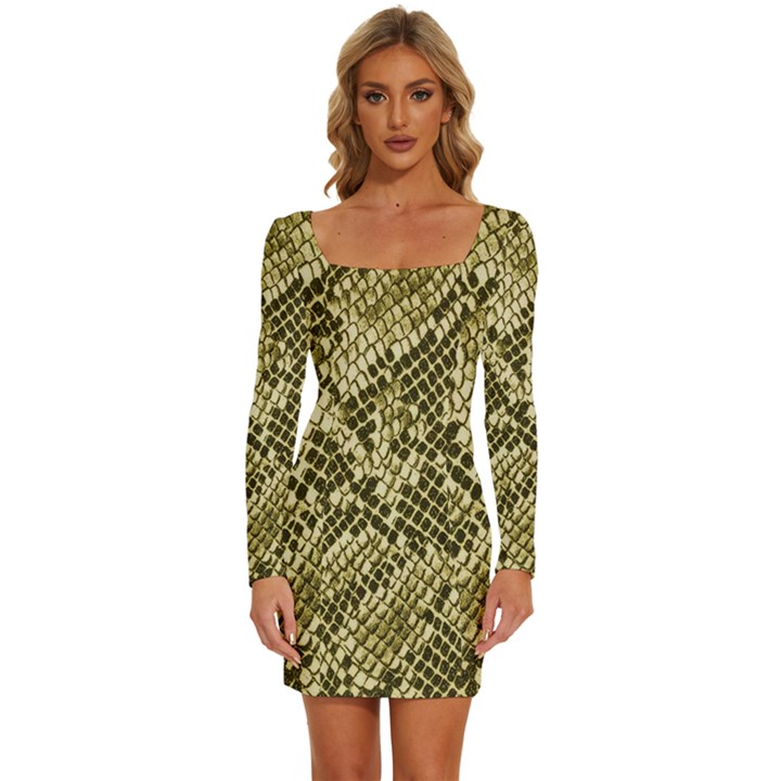 Yellow Snake Skin Pattern Long Sleeve Square Neck Bodycon Velvet Dress