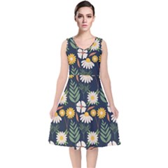 Flower Grey Pattern Floral V-neck Midi Sleeveless Dress 