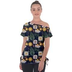 Flower Grey Pattern Floral Off Shoulder Tie-up T-shirt