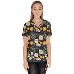 Flower Grey Pattern Floral Women s V-neck Scrub Top