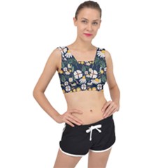 Flower Grey Pattern Floral V-back Sports Bra