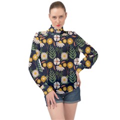 Flower Grey Pattern Floral High Neck Long Sleeve Chiffon Top