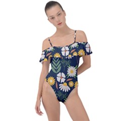 Flower Grey Pattern Floral Frill Detail One Piece Swimsuit