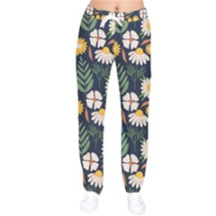 Flower Grey Pattern Floral Women Velvet Drawstring Pants