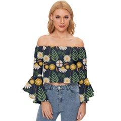 Flower Grey Pattern Floral Off Shoulder Flutter Bell Sleeve Top