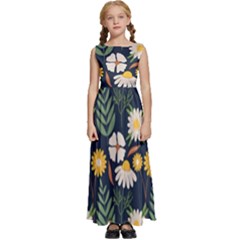 Flower Grey Pattern Floral Kids  Satin Sleeveless Maxi Dress by Dutashop