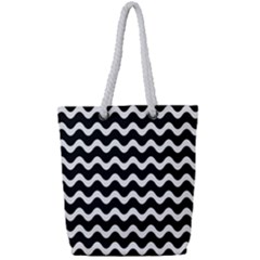 Wave-black White Full Print Rope Handle Tote (small) by kyorashop23