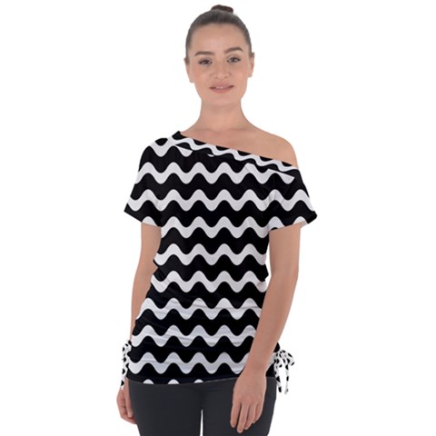 Wave-black White Off Shoulder Tie-up T-shirt by kyorashop23