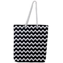 Wave-black White Full Print Rope Handle Tote (large) by kyorashop23