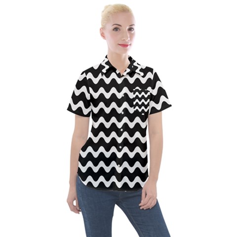 Wave-black White Women s Short Sleeve Pocket Shirt by kyorashop23