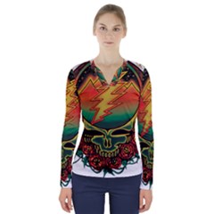 Grateful Steal Your Face Deadhead Hippie Logo Symbol V-neck Long Sleeve Top by Loisa77