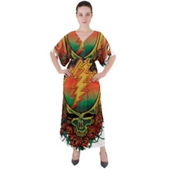 Grateful Steal Your Face Deadhead Hippie Logo Symbol V-neck Boho Style Maxi Dress by Loisa77