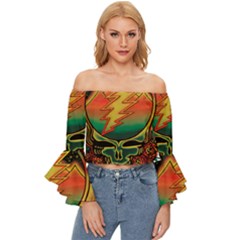 Grateful Steal Your Face Deadhead Hippie Logo Symbol Off Shoulder Flutter Bell Sleeve Top by Loisa77