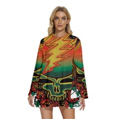 Grateful Steal Your Face Deadhead Hippie Logo Symbol Round Neck Long Sleeve Bohemian Style Chiffon Mini Dress by Loisa77