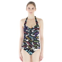 Time Nonlinear Curved Linear Halter Swimsuit